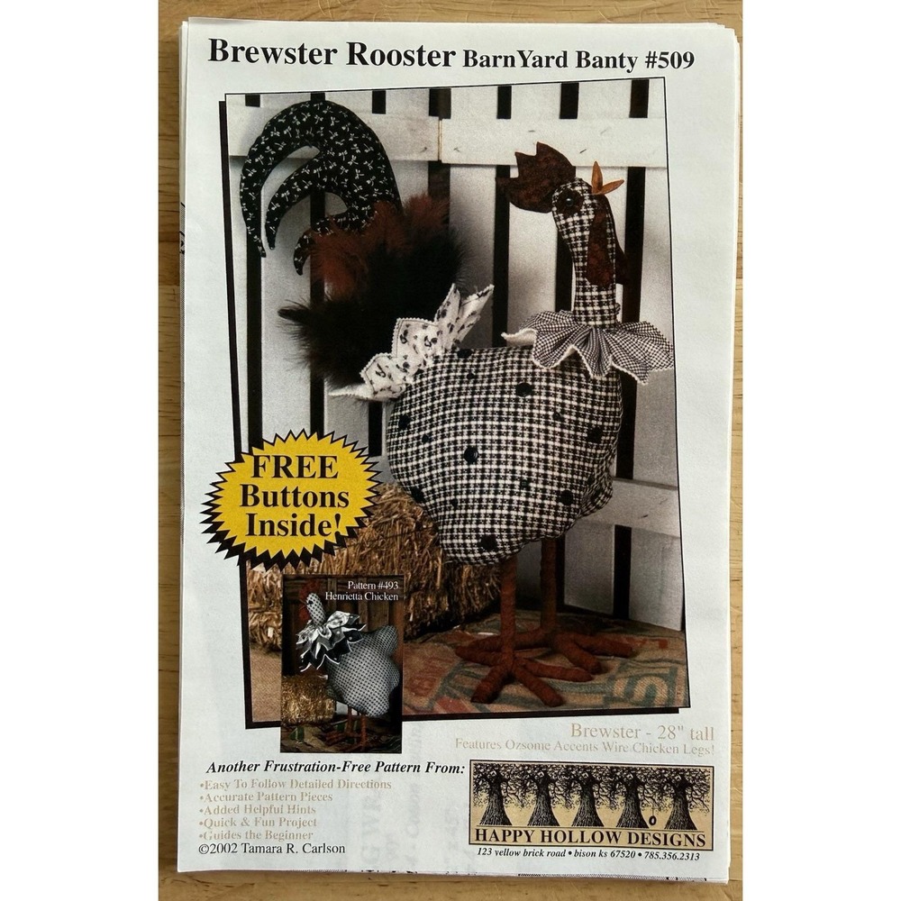 Brewster Rooster 28" Barn Yard Banty Pattern By Happy Hollow Designs w Buttons